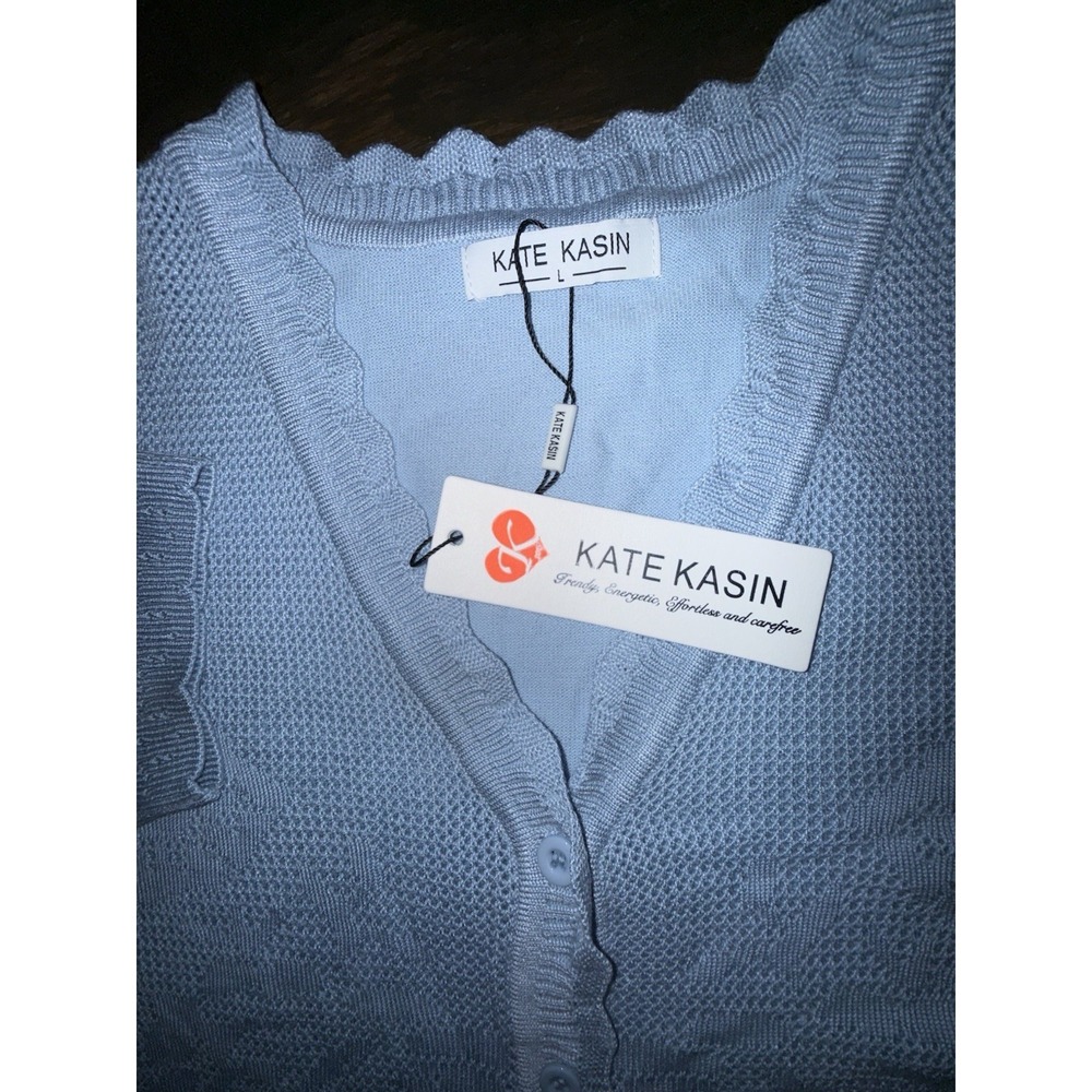 Kate Kasin Blue Knit Cardigan Sweater Womens L Button Front Cropped NWT - Picture 6 of 7